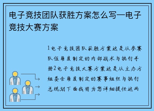 电子竞技团队获胜方案怎么写—电子竞技大赛方案